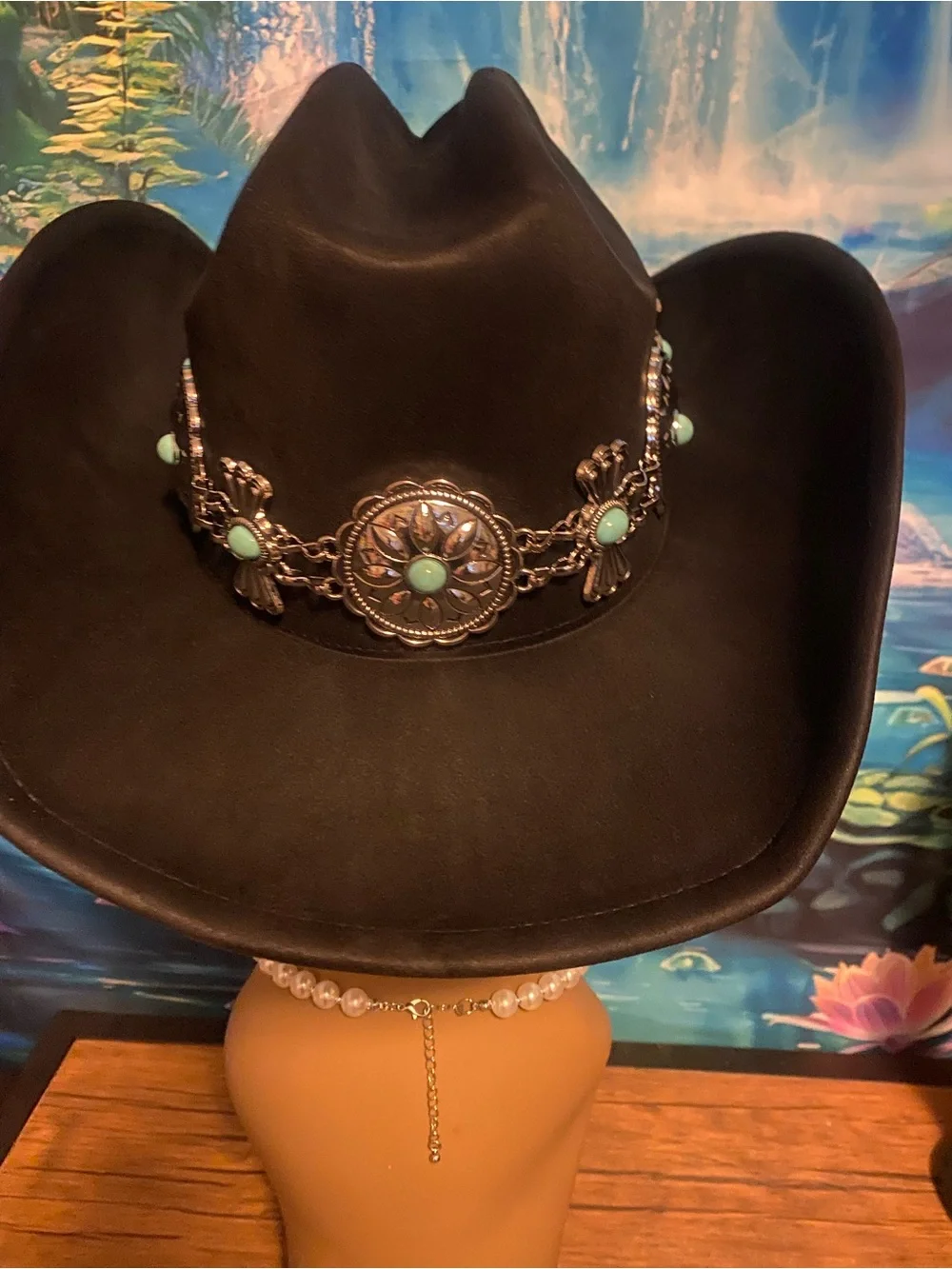 NEW Black Western Cowboy Hat with Turquoise-Style Concho Band 🤠🖤